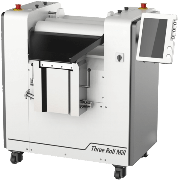 Three roll mill roll assembly and gap adjustment area